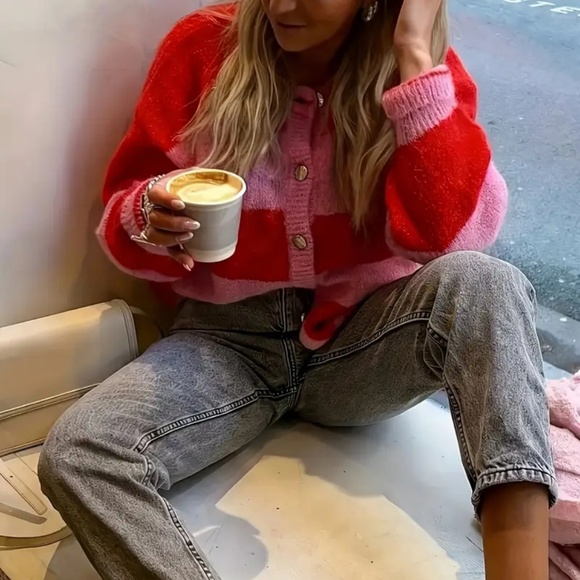 Sweaters - Pink & Red Striped Cropped Cardigan Sweater | Button Detail | Cozy Chic